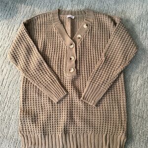 Pink Lily Tan V-Neck Button Sweater